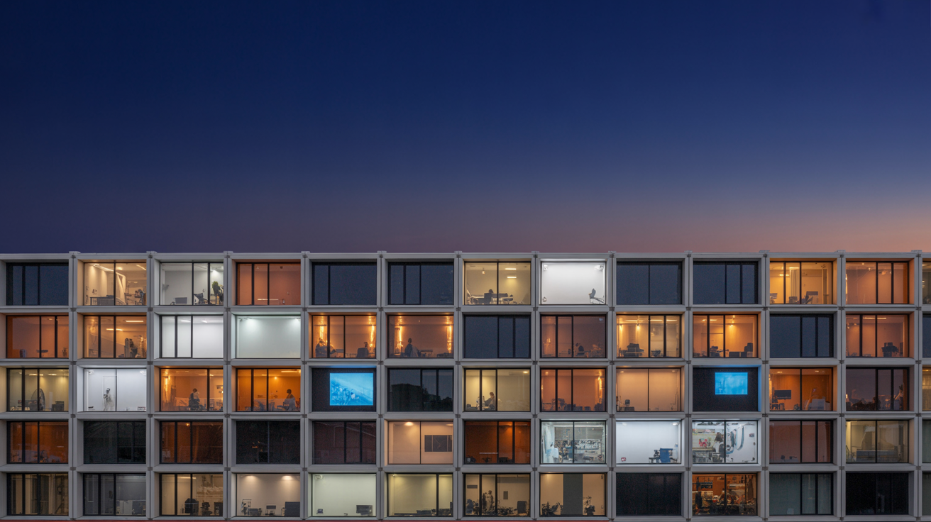Modular office building at twilight with varied window lighting